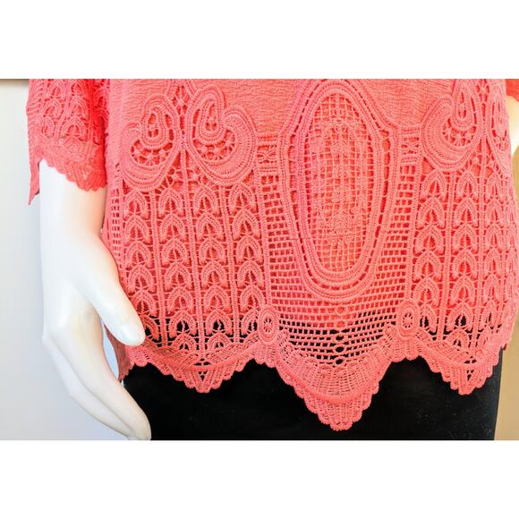 Adrianna Papell Top Blouse Small Sugar Coral Cotton Crochet Trim Gauzy Crepe - Picture 7 of 10